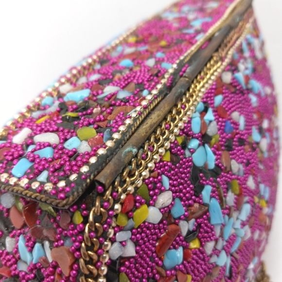 VINTAGE Handmade INDIAN Stones & Beads Mosaic Over Metal Top Flap Crossbody EUC - Picture 14 of 15
